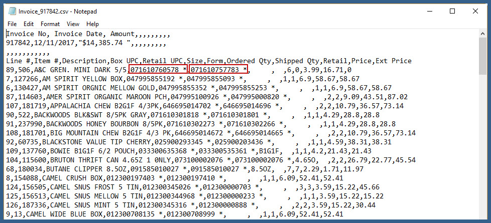 Renfro Invoice in Notepad