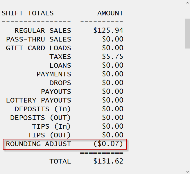 Cash Rounding Shift Total