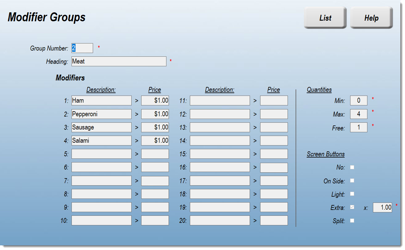 Food Service Modifier Groups