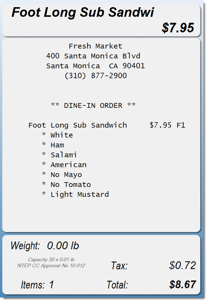 Food Service POS Receipt