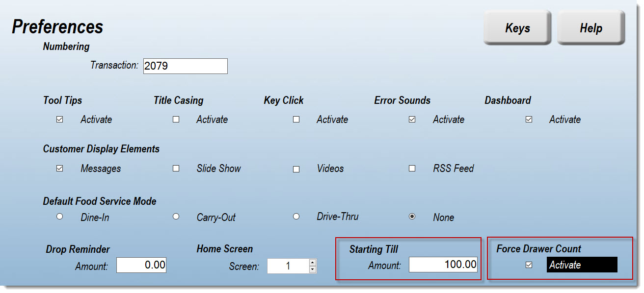 Opening Amounts Preferences