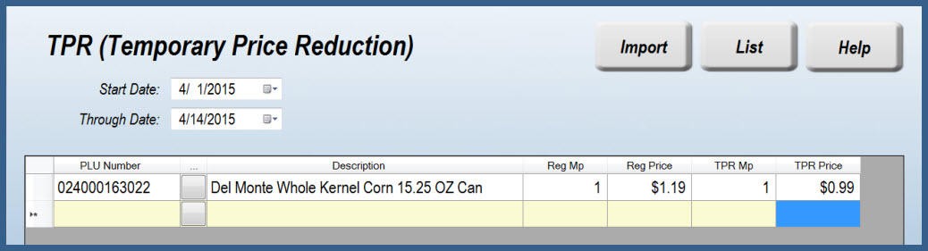 TPR Pricing Screen